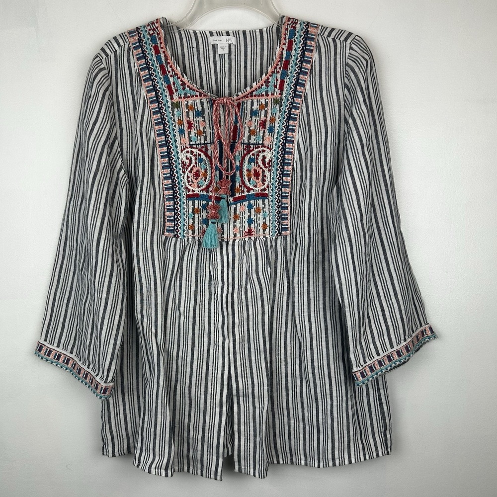 J Jill love linen Cardigan Top Boho 100% Linen Embroidered Striped Tassel Small